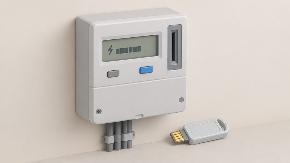 A close-up of a traditional prepayment electricity meter mounted on a wall, with its slot and screen visible, and a plastic top-up key resting beside it, with nothing else in the scene.