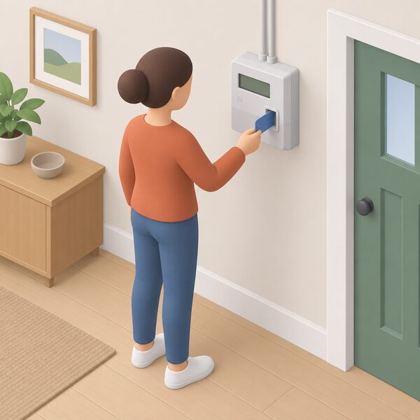 A prepayment electricity meter mounted on an interior wall of a home, with a simplified figure standing before it inserting a top-up key or card into the meter's slot, showing the meter itself as one of the costs prepayment customers carry.
