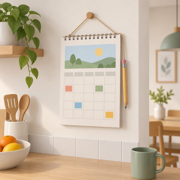 A paper wall calendar hanging on a kitchen wall, with a few date squares marked by plain coloured blocks and a pencil resting on the string beside it, showing a household's way of tracking the quarterly cap dates.