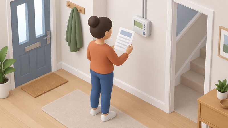 A householder standing in a home hallway holding a direct debit statement in one hand while looking at a wall-mounted prepayment meter display beside them, comparing the two documents side by side.