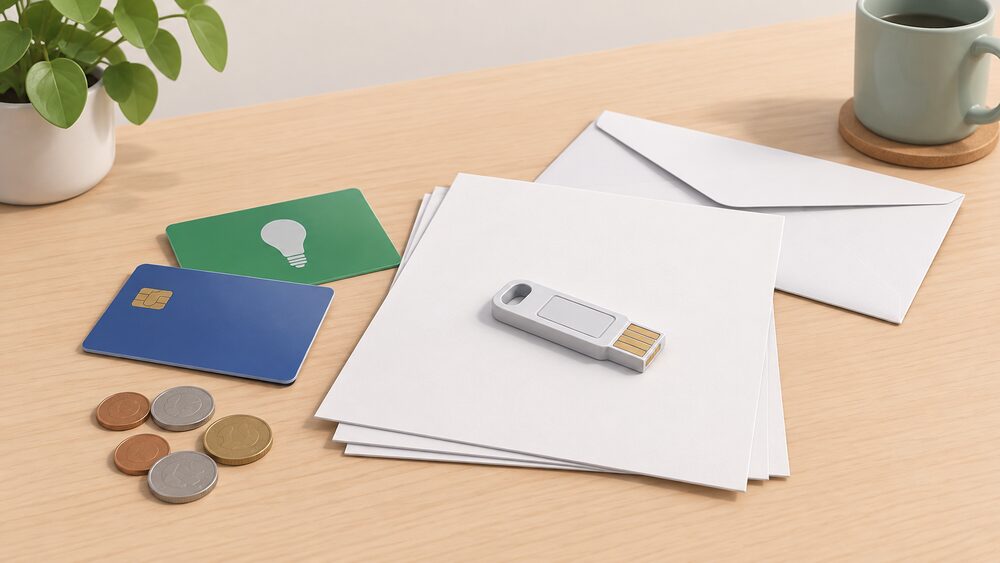 A small kitchen-table arrangement showing the moment of choosing how to pay for energy: a prepayment top-up card and a payment card resting beside blank paperwork, a plain envelope, and a few loose coins, with a small electricity meter key lying across the papers.