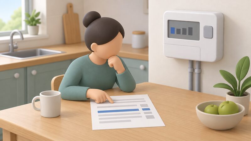 A paper energy bill lying on a kitchen table beside a wall-mounted prepayment meter, its display showing a plain bar representing the standing charge line, with a simplified figure comparing the two.