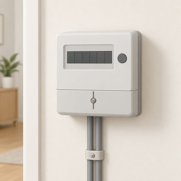 A simple domestic electricity meter mounted on an interior wall of a home, drawn plainly as the kind a supplier reads for a standard variable tariff household, with no other equipment or people in the scene.