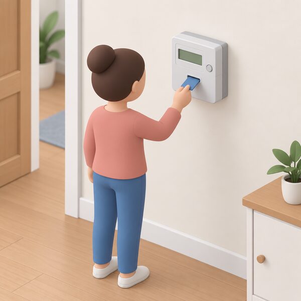 A person at a wall-mounted prepayment meter inside a home inserts a top-up key or card into the meter's slot while topping up credit.