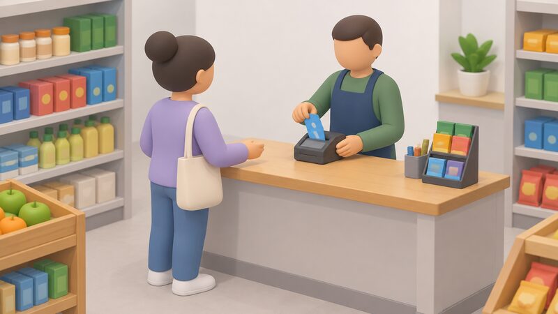 A customer at a small shop counter handing over their prepayment meter key to be topped up, with the shopkeeper holding the key at a simple counter-top terminal, showing the everyday topping-up that the prepayment cap protects.