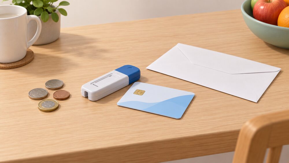 A prepayment meter top-up key and card lying on a kitchen table beside a blank unaddressed envelope and a few coins, with no forms or paperwork to fill in, showing that price cap cover needs no application.