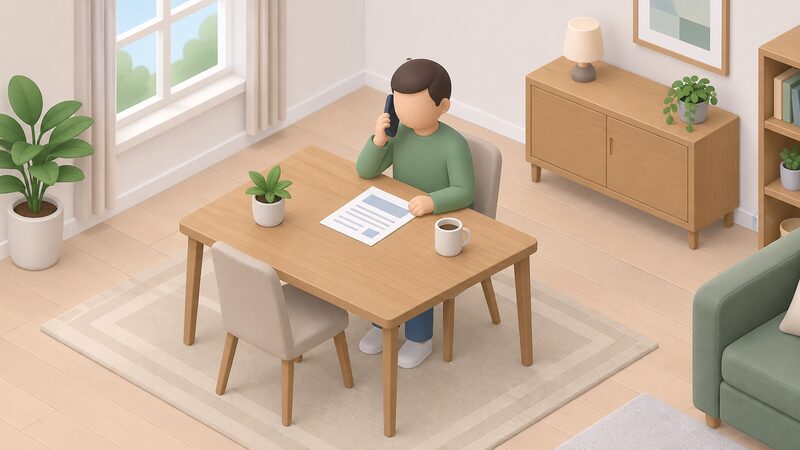 A householder at a home table telephones their energy supplier's complaints team, holding a phone to their ear while an energy bill lies flat in front of them, ready to note the complaint date and details.
