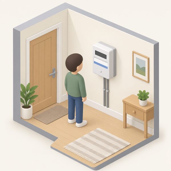 A domestic electricity meter mounted on an inside wall of a home, shown in a simple cutaway with a small isometric figure standing beside it, representing the meter through which quarterly capped unit rates reach the household.
