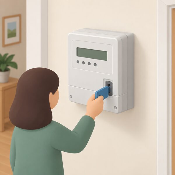 A domestic electricity prepayment meter mounted on an interior wall, with a key inserted in its key slot, shown as the meter of a covered household paying this way.