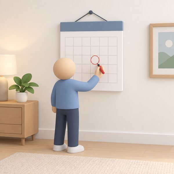 A wall calendar hanging on a plain home wall with one date circled in pen, a small simplified figure standing beside it holding a pen, marking the upcoming quarterly announcement date.