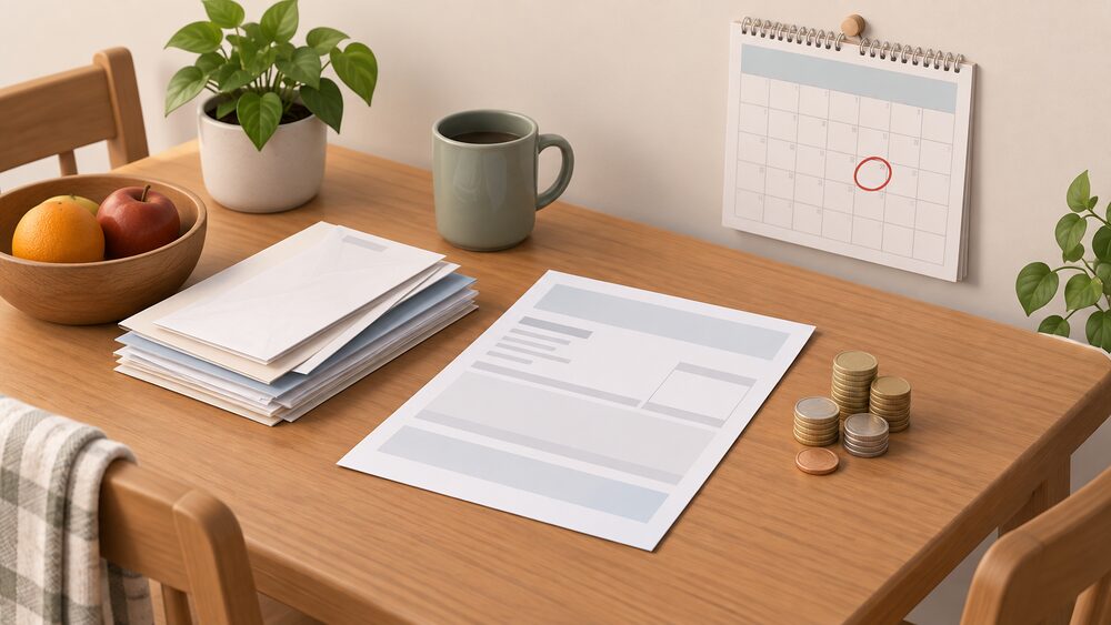 A small kitchen table arrangement showing a blank household energy bill beside a wall calendar with one date circled, a short stack of official-looking paperwork, and a modest pile of coins, suggesting the moment a new price cap level is announced before it takes effect.