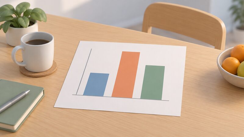 A printed bar chart sheet lying on a table showing three plain vertical bars of different heights side by side, representing the annual price cap levels for direct debit, prepayment and standard credit customers, with no readable numbers or words on it.
