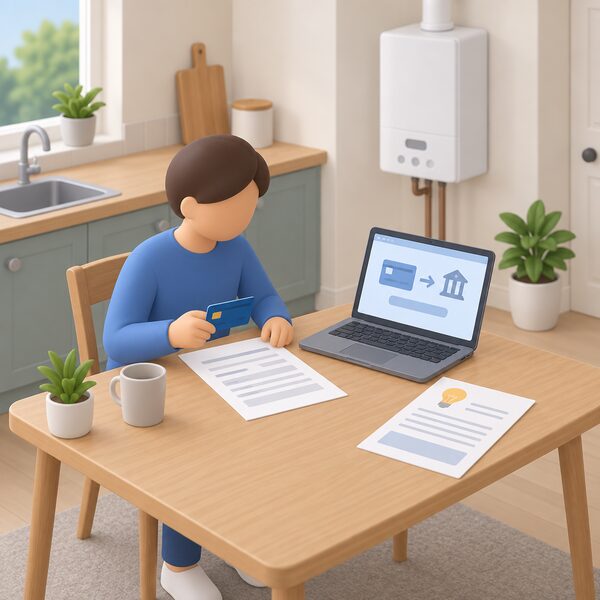 A simplified figure sits at a kitchen table holding a plain bank card over a direct debit mandate form with blank lines, beside an energy bill and a laptop showing a plain payment screen, with a wall-mounted gas boiler visible in the background of the home.