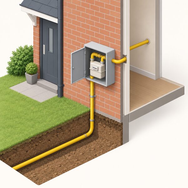 A simplified isometric view of a house exterior wall with a gas meter box mounted outside, the yellow underground supply pipe rising from the ground into the box and a pipe continuing from the meter into the house, showing how the connection reaches the property.