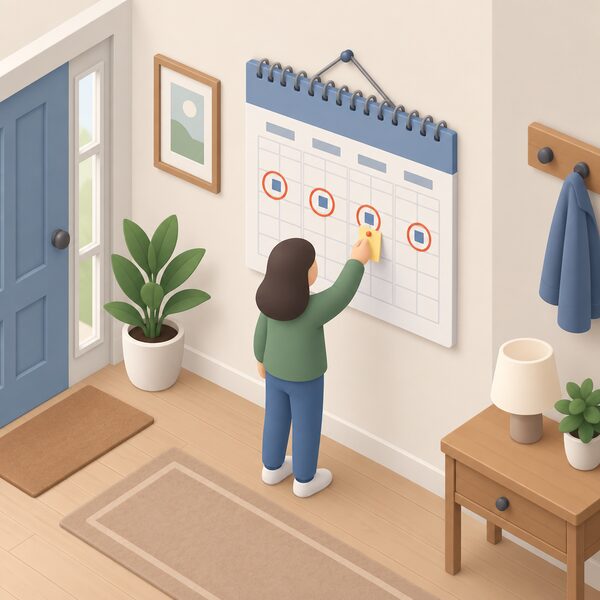 A wall calendar hanging in a home hallway with four quarterly update dates ringed in turn, showing the fixed three-monthly rhythm of price cap announcements, with a small isometric figure pinning a note to the next ringed date.