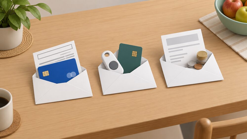 A kitchen table seen from above with three blank envelopes side by side, the first holding a bank card and a direct debit form, the second holding a prepayment meter key and smart card, and the third holding a paper bill with a small stack of coins beside it.