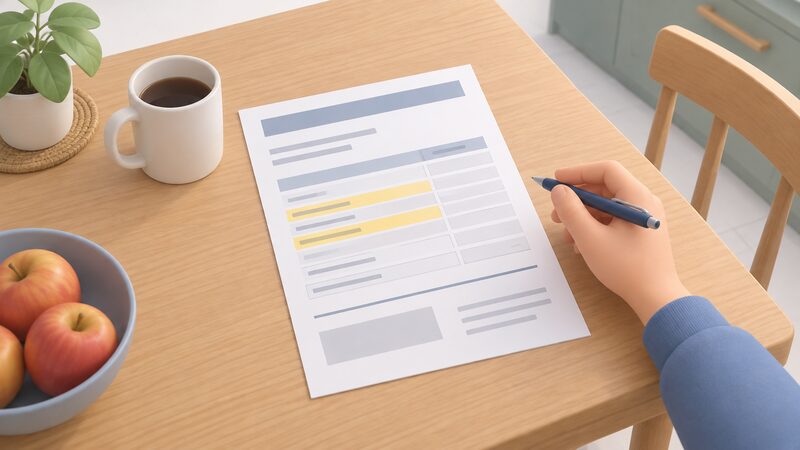 A printed household energy bill lying on a kitchen table, with the unit rate line and the daily standing charge line marked by highlight bands while the consumption column is left unmarked, with a hand holding a pen beside it.