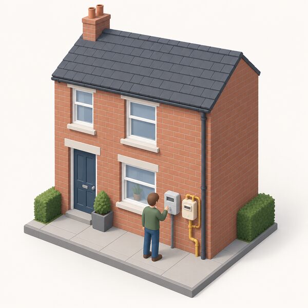 A simple terraced house shown from the outside wall where a boxed electricity meter and a separate gas meter are mounted side by side, each with a short pipe or cable running into the home, with a small isometric figure standing at the meters checking them.