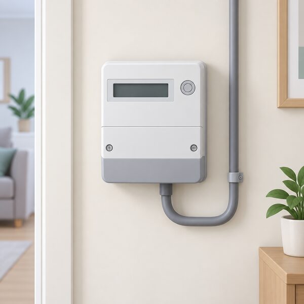 A domestic electricity meter mounted on an interior wall of a home, shown as a simple closed meter box with its cable running into the household wiring, with no person present.