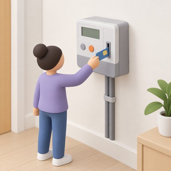 A domestic electricity prepayment meter mounted on an interior wall of a home, with a small simplified figure holding a prepayment key about to insert it into the meter's slot, showing a payment method the price cap covers.
