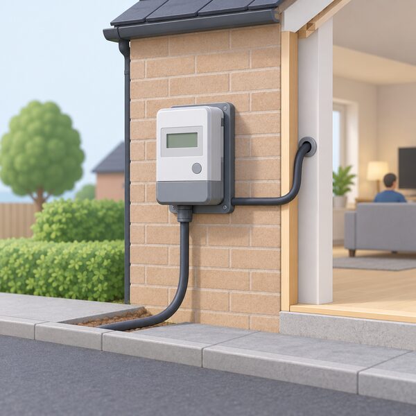 A domestic electricity meter mounted on an exterior house wall, with a supply cable running from it into the home and a service cable arriving from the street, recording the grid electricity the household consumes.