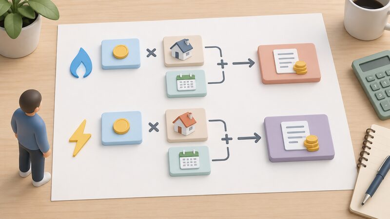 A printed diagram sheet on a table showing two horizontal flow rows, one for gas and one for electricity, where a block representing a capped unit rate and a block representing benchmark annual consumption join with a multiply symbol into a single headline annual bill block.