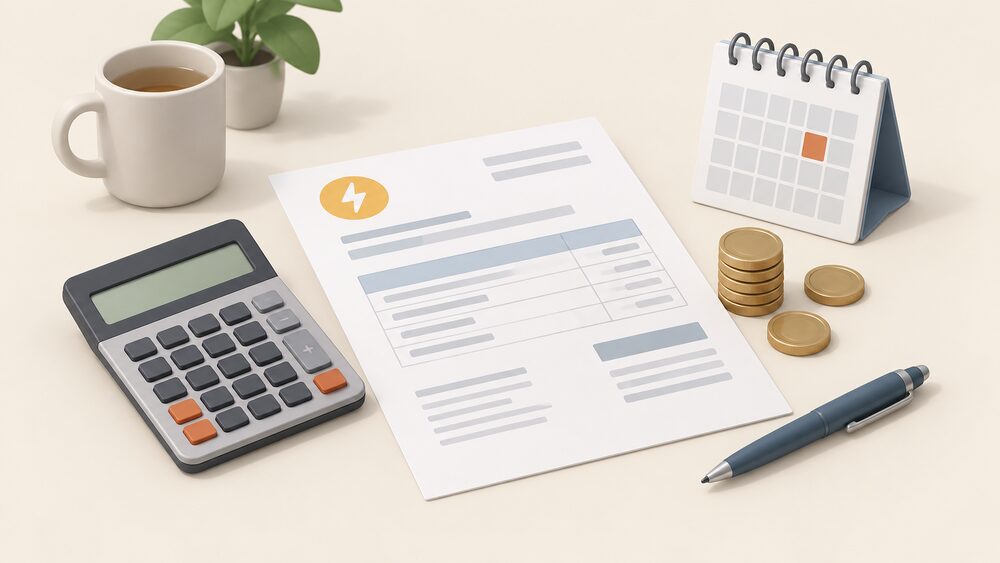 A small tabletop arrangement of a blank energy bill on paper, a calculator, a stack of coins and a small calendar, showing the moment a household works out that the capped rates apply to each unit used rather than to the total bill.