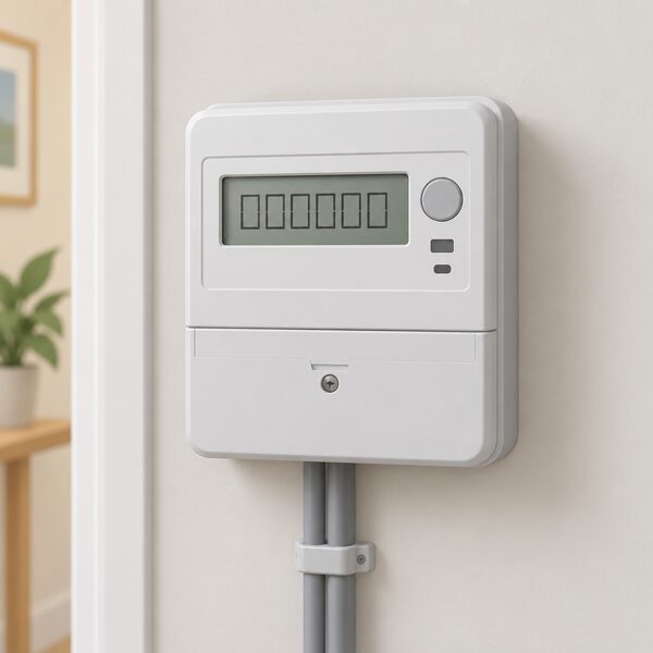 A domestic electricity meter mounted on a plain interior wall, drawn close up with its digital reading display showing the reading as simple blank digit blocks, the kind a household reads to send readings to the supplier.