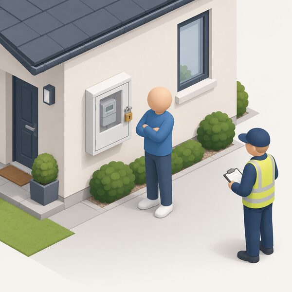 A simplified isometric figure of a householder standing with arms folded in front of a closed, padlocked meter cupboard built into an outside wall, while a supplier's meter reader with a clipboard waits at a distance, unable to reach the meter inside.