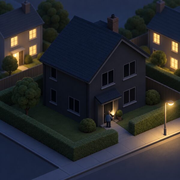 A dark detached house at night during a power cut, with unlit windows while neighbouring houses and a street lamp glow in the background, and a small figure at the door holding a torch.
