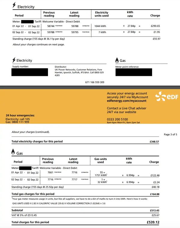 An EDF Energy dual-fuel bill showing electricity and gas charges, meter readings and totals