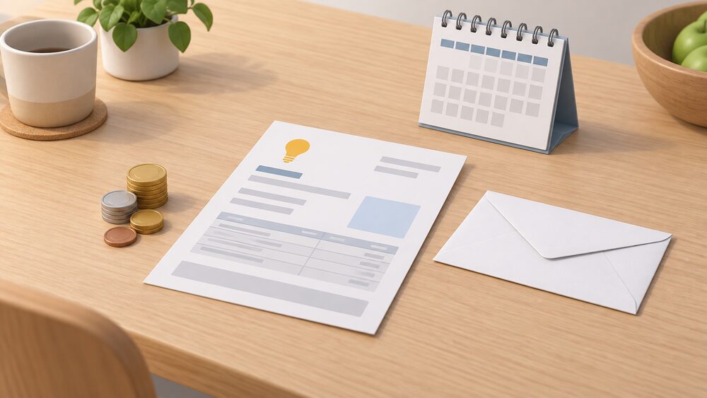 A small tabletop arrangement of a folded paper energy bill lying beside a blank envelope, a short stack of coins, and a wall calendar showing a single twelve-month span, all on a plain kitchen table surface.