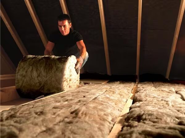 A man unrolling a roll of mineral wool loft insulation between the joists of a loft