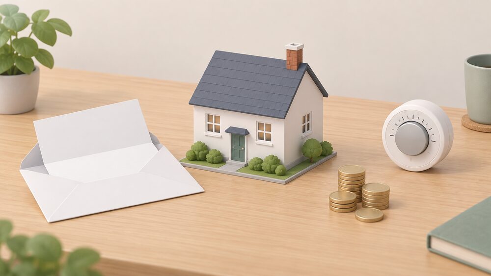 A small model of a detached house sits on a table beside a blank folded bill in an opened envelope, a short stack of coins, and a simple round wall thermostat, arranged as the moment a household works out where its energy money goes.