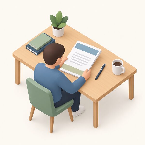A printed consultation response document lying on a desk, its cover carrying only plain colour bands and blank lines, with a pen beside it and a small isometric figure seated at the desk reading it.