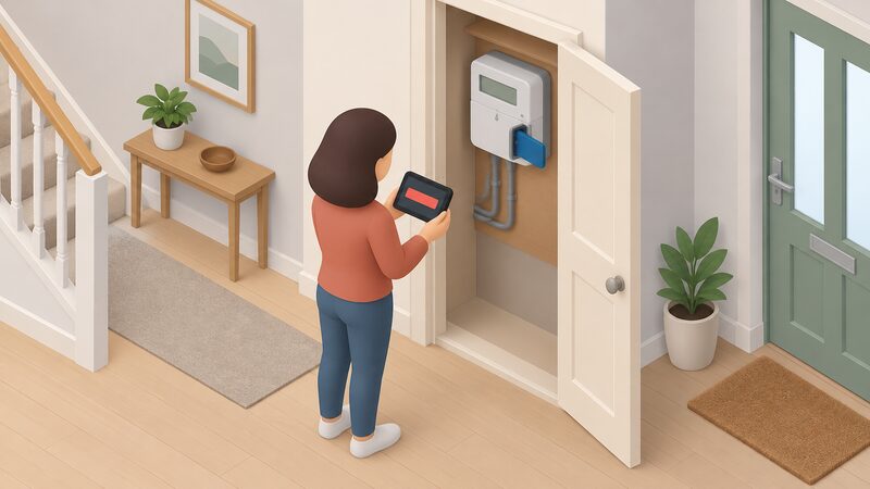 An open hallway cupboard containing a wall-mounted prepayment electricity meter with a top-up key plugged into its slot, while a small isometric figure nearby holds an in-home display whose screen shows a plain low-credit warning band.
