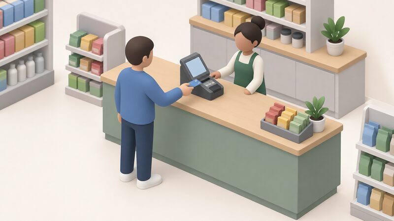 A small isometric figure stands at a shop counter paypoint terminal, handing over a prepayment key or card to top it up, with the terminal screen shown as a plain blank panel and no readable text or numbers anywhere in the scene.