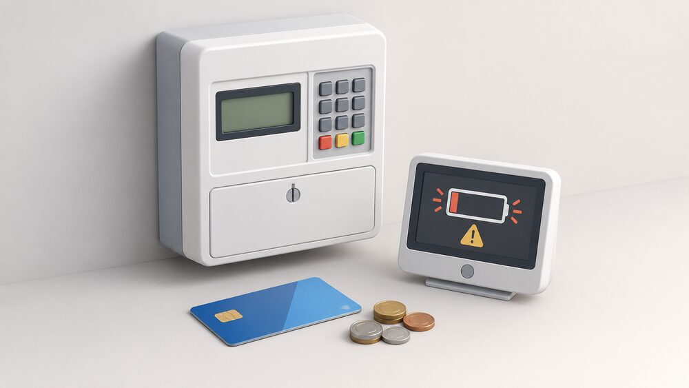 A wall-mounted prepayment meter with a keypad stands beside an in-home display showing a low-credit warning, with a top-up card and a small pile of coins resting on the surface in front of them.