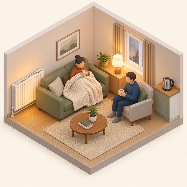 A small isometric living room scene showing a household keeping warm: one figure seated on a sofa wrapped in a thick blanket beside a wall radiator, with a second figure nearby, a lit table lamp and a kettle on a side counter, conveying the domestic setting behind fuel poverty figures.