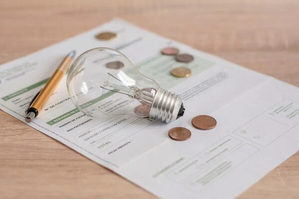 A paper utility bill on a wooden table with a clear lightbulb, coins and a pen resting on it