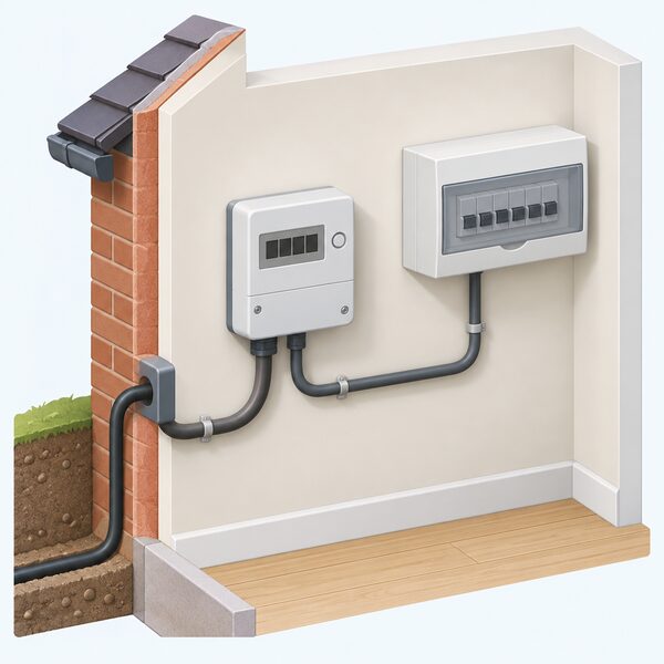 A domestic electricity meter mounted on an interior wall of a UK home, shown in a simple cutaway with its supply cable entering from outside and a cable running onward to the consumer unit, with no person present.