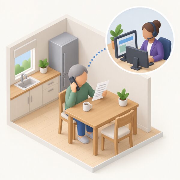 A simplified isometric householder sits at a kitchen table holding a paper energy bill while speaking on a cordless phone, an adviser figure at a desk with a headset and screen on the other end shown in a cutaway, depicting a free telephone advice call about bills and benefits.