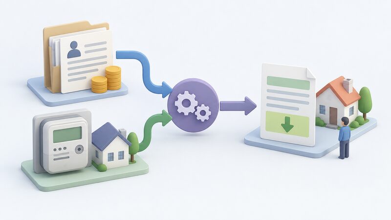 A diagram of two document-like data sources, a tax records file and a metered energy consumption record, with arrows converging on a central matching point that leads to a household tariff reduction shown as a plain colour-banded sheet.