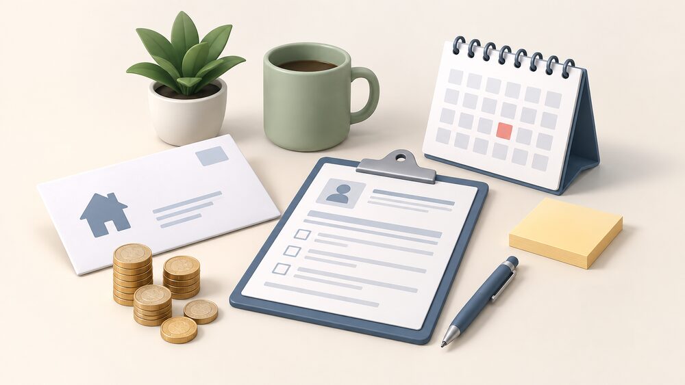 A small kitchen table arrangement showing a blank household energy bill envelope beside a stack of coins, a blank application form on a clipboard, and a calendar, representing the moment a household seeks a discounted energy tariff that does not yet exist.