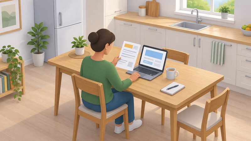 A householder seated at a kitchen table holds a paper energy bill in one hand while checking the monthly direct debit amount shown on a laptop screen beside it, with a mug nearby, comparing the two figures to make sure the payment matches their actual usage.