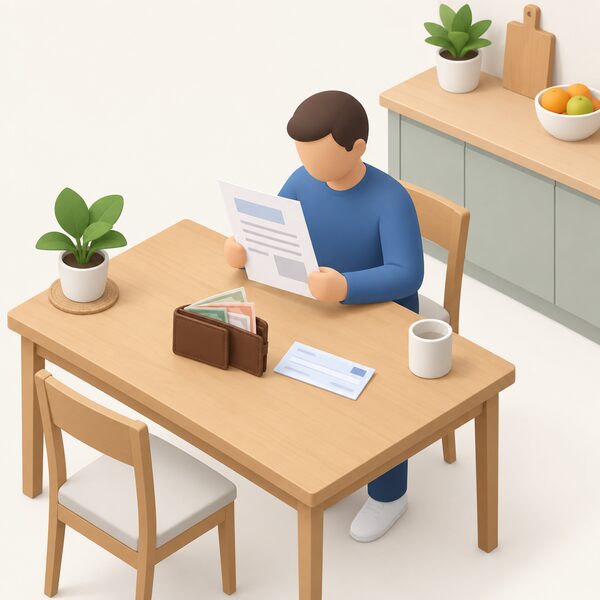A simplified isometric figure stands at a kitchen table holding a paper energy bill that has arrived in the post, with a wallet of cash and a cheque beside it ready to make a one-off payment after the energy has been used.