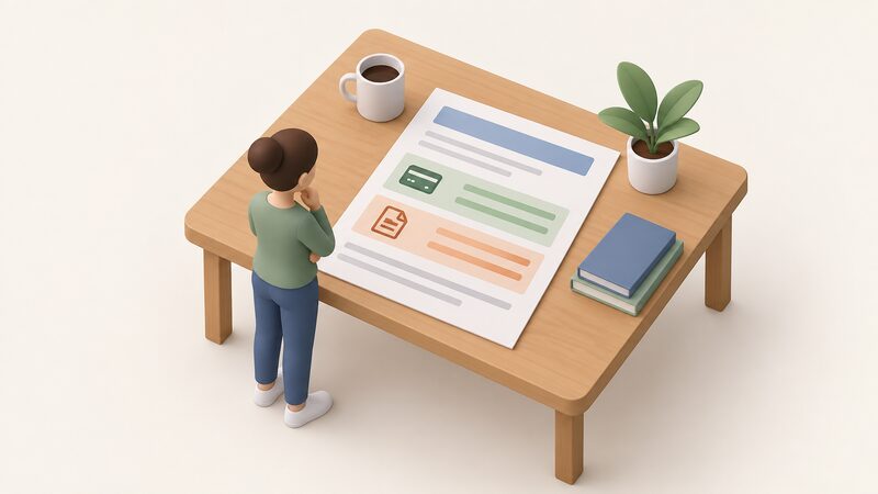 A printed quarterly price cap announcement sheet lying on a table, showing plain colour-banded rows for separate payment methods including direct debit and standard credit, with a small isometric figure standing beside it reading the document.