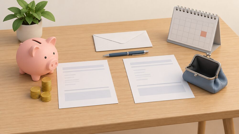 A kitchen table with two blank energy bills side by side, one beside a small stack of coins and a piggy bank representing paying in advance, the other beside an empty purse and a calendar showing a later date representing paying in arrears, with an envelope and a pen between them.