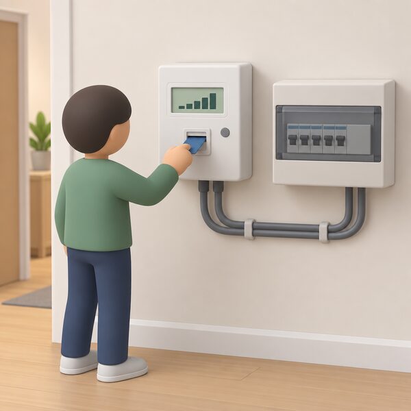 A wall-mounted prepayment meter inside a home with a small display showing a plain accruing balance block, beside a simplified figure inserting a payment card or key into the meter slot, with the meter's supply cables running to a consumer unit.