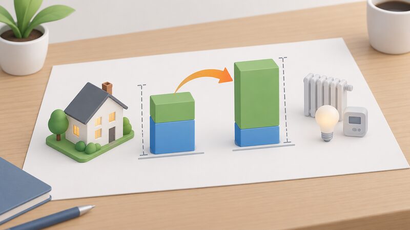 A printed diagram sheet on a table showing two plain stacked blocks forming a bill — a flat fixed daily-charge block and a taller variable unit-rate block that grows with usage — with an arrow showing cost moving from the flat block into the usage block so the usage block rises while the flat block shrinks.